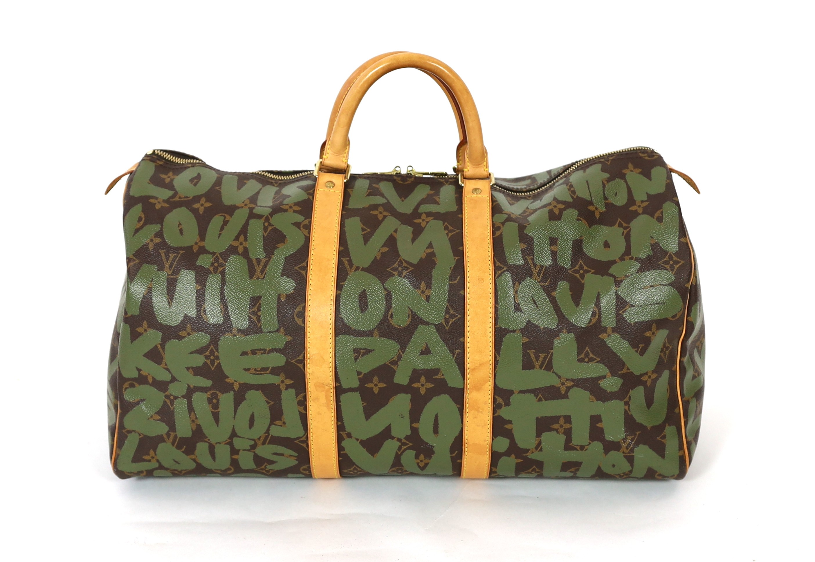 A vintage 2001 Louis Vuitton Stephen Sprouse Khaki Green Monogram Graffiti Keepall 50